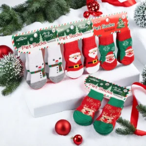 Holiday-themed Christmas pet socks for dogs with anti-slip properties. Elastic dog socks with PVC adhesive inner sole.