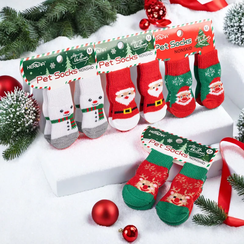 Holiday-themed Christmas pet socks for dogs with anti-slip properties. Elastic dog socks with PVC adhesive inner sole.